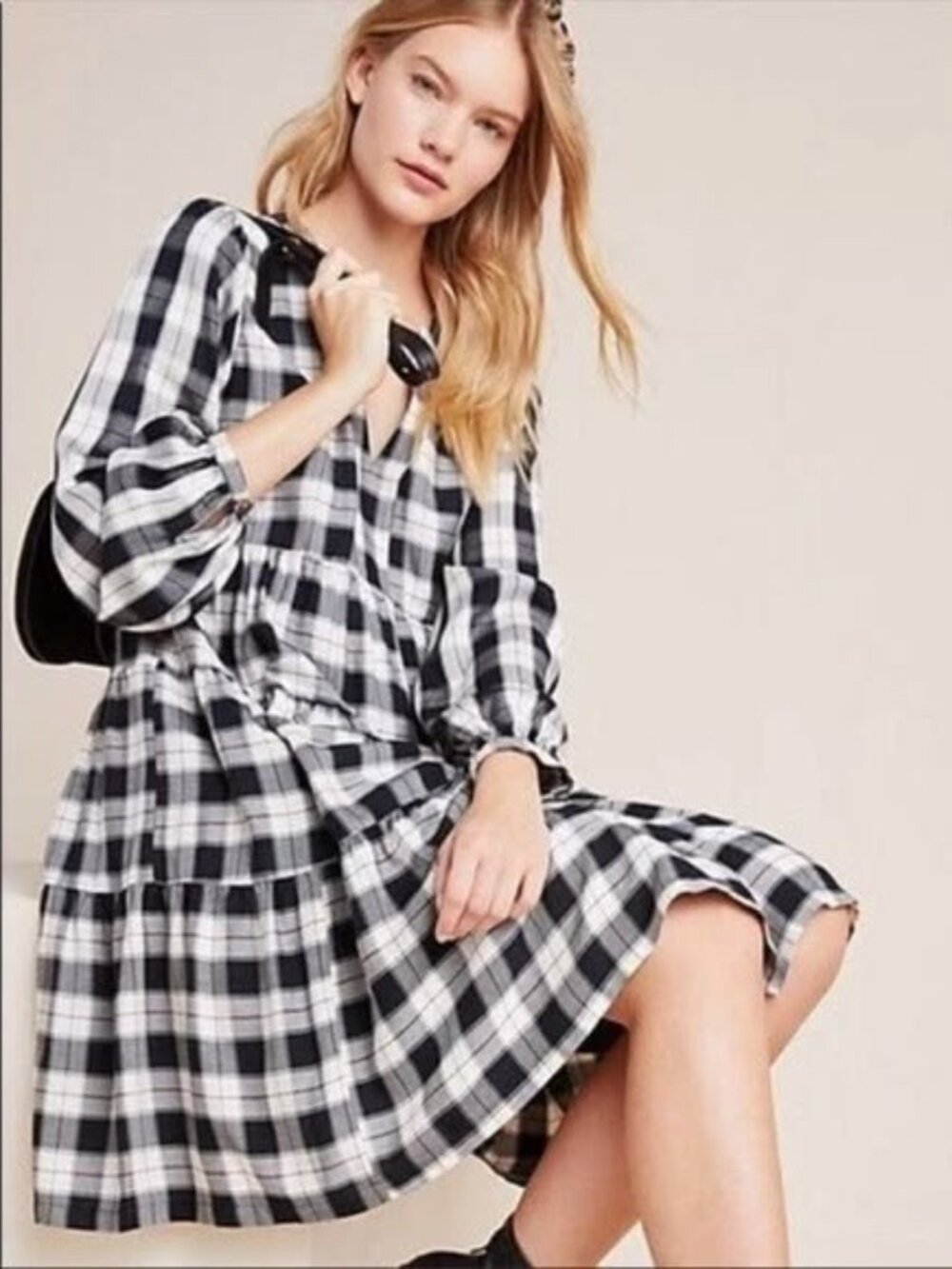 Anthropologie Maeve Women's Amber Plaid Tiered Tunic Babydoll Dress Size Small